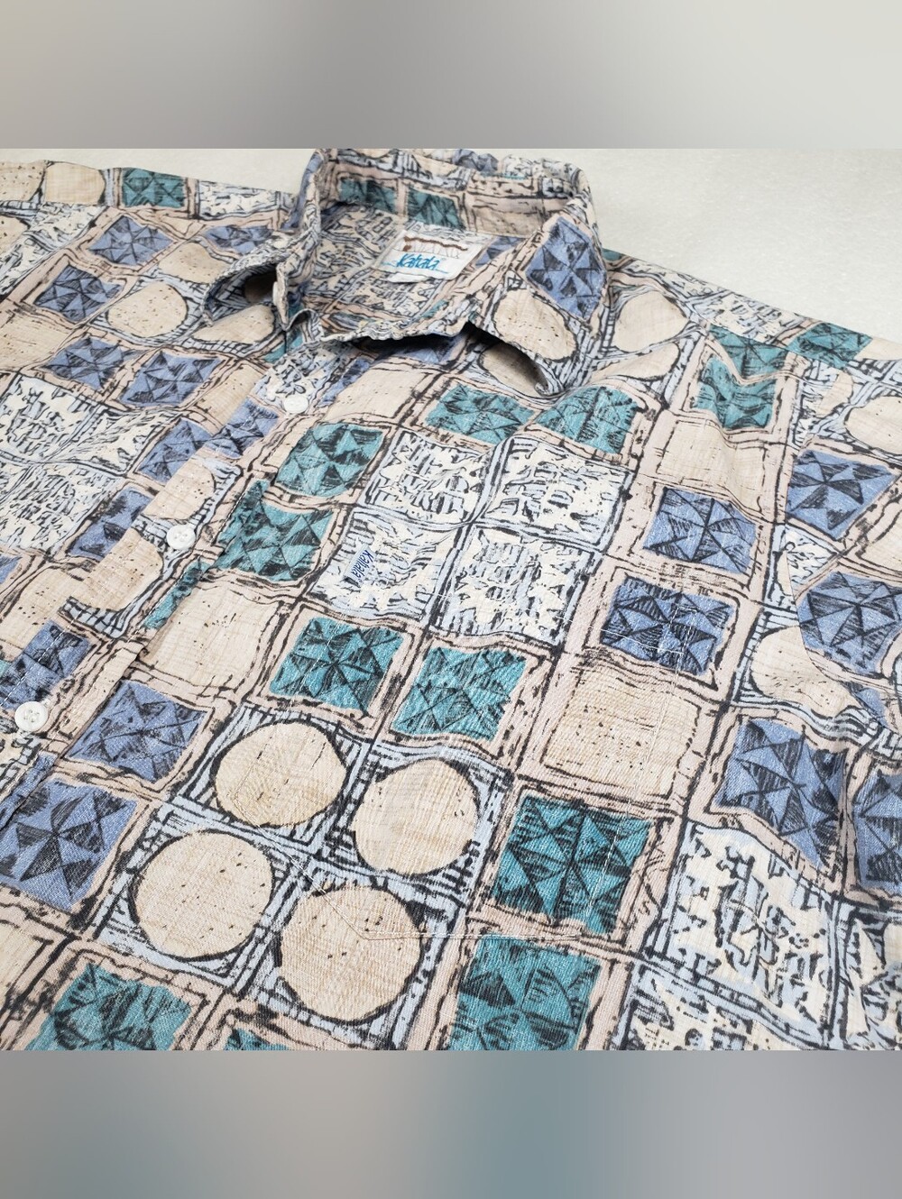 Kahala Men's XL Hawaiian Shirt Reverse Print Square Round Tiles Geometric Cotton